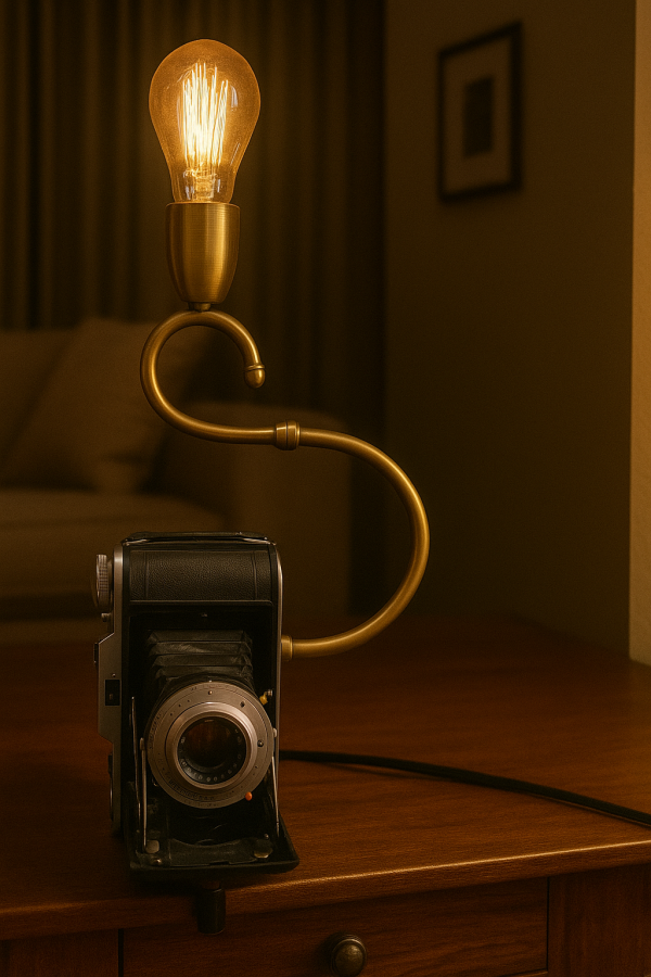 Cámara fotográfica fuelle, lámpara de mesa